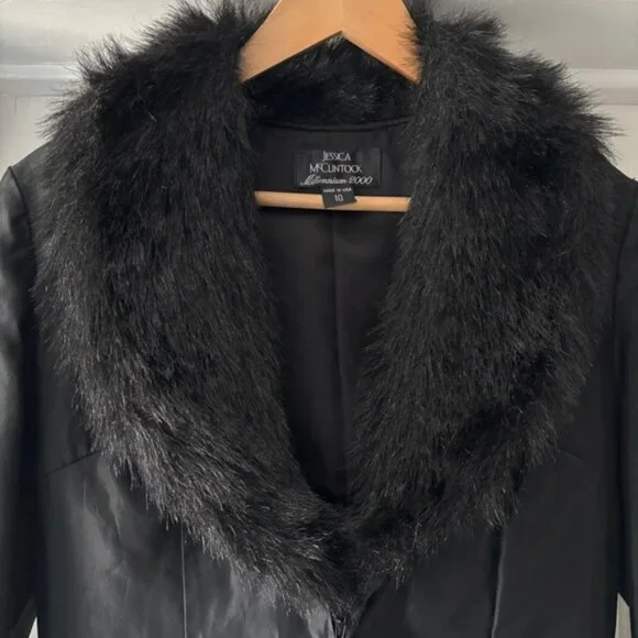 Jessica McClintock Vintage Black Satin Faux Fur Blazer Jacket Zip Up Size S / M - Picture 3 of 11